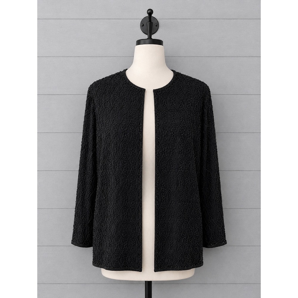 New Papell Boutique Evening Party Jacket Size 2X Black Fully Beaded Open Front